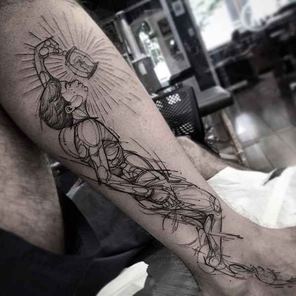 Sketch style black ink leg tattoo of man with candle lighter