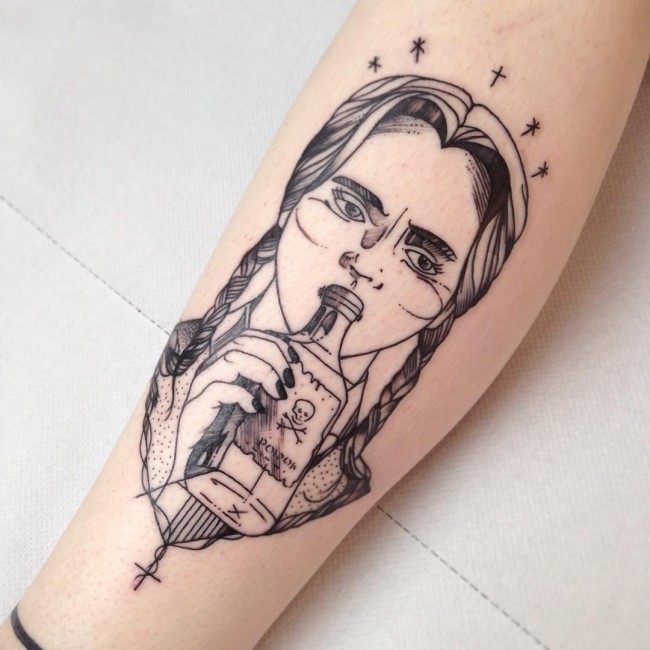 Sketch style black ink leg tattoo of woman drinking poison
