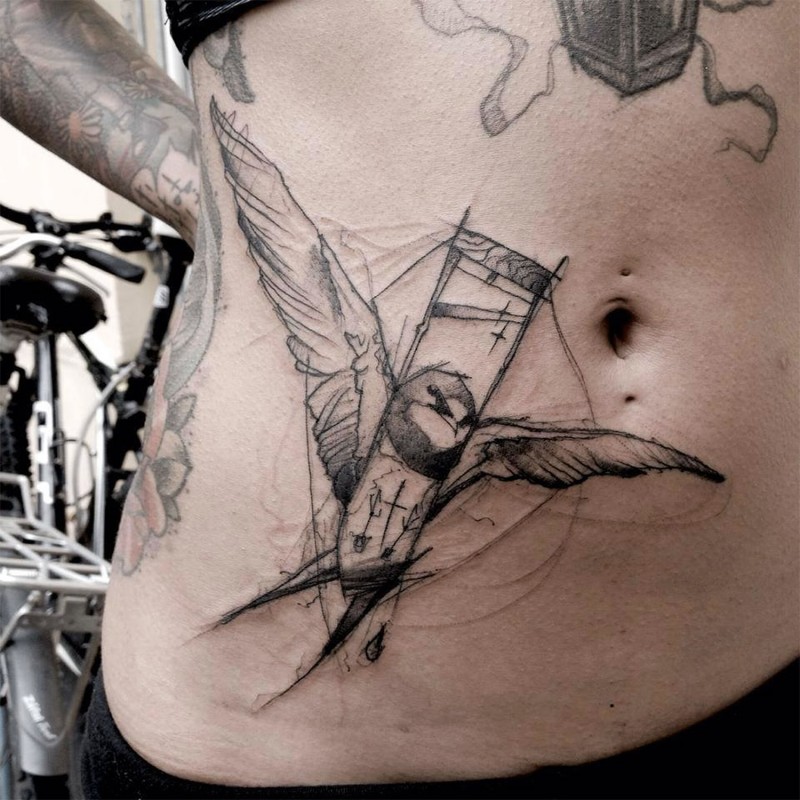 Sketch style black ink mystical bird tattoo on waist