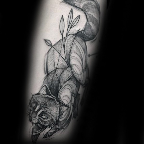 Sketch style black ink raccoon with leaves tattoo