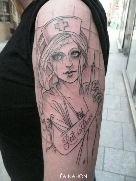 Sketch style black ink shoulder tattoo of nurse with lettering and needle