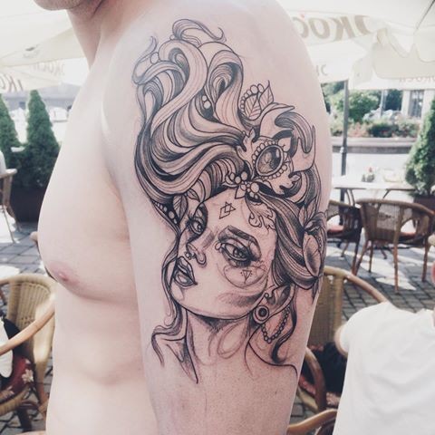 Sketch style black ink shoulder tattoo of fantasy woman with jewelry
