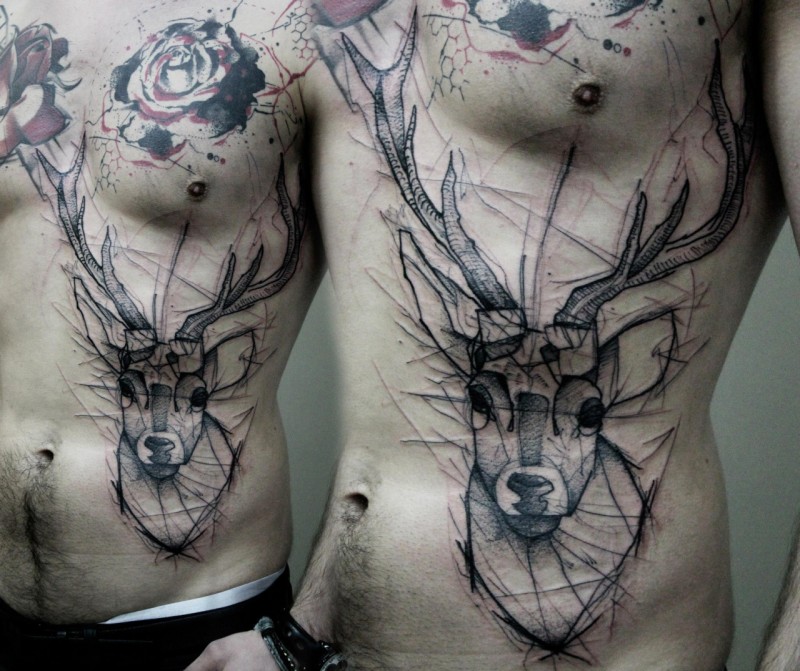 Sketch style black ink side tattoo of deer head