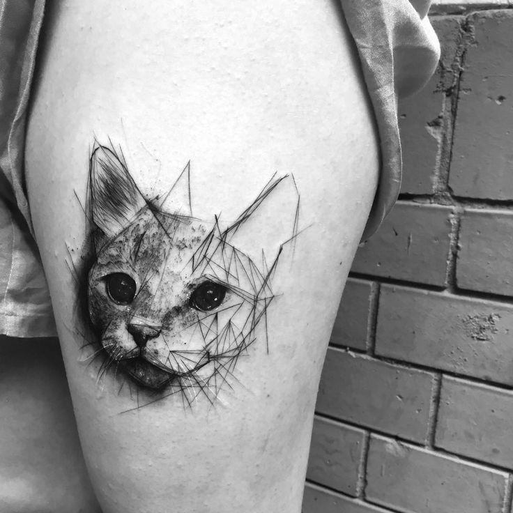 Tatuagem de coxa de tinta preta de estilo de esboço de gato detalhada
