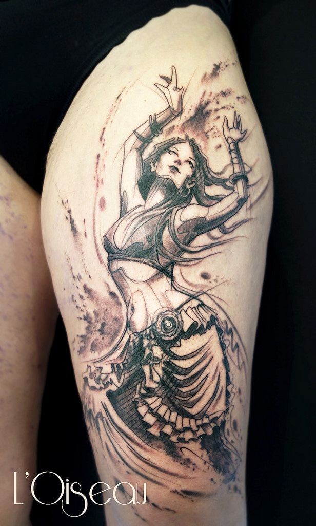 Sketch style black ink thigh tattoo of dancing woman