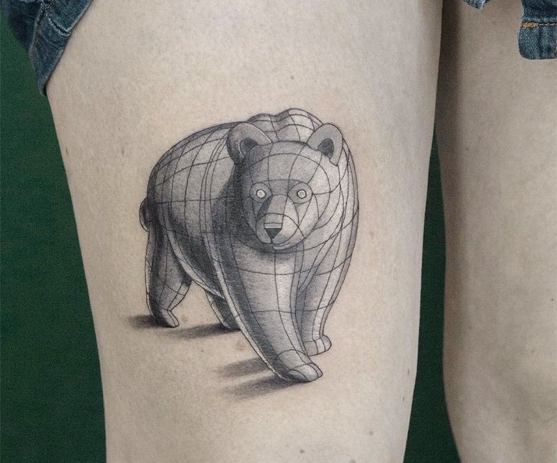 Sketch style black ink thigh tattoo of big bear