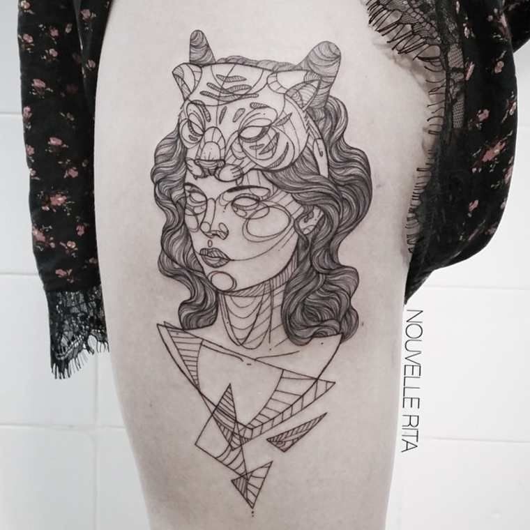 Sketch style black ink thigh tattoo of woman face with tiger helmet with geometrical figures