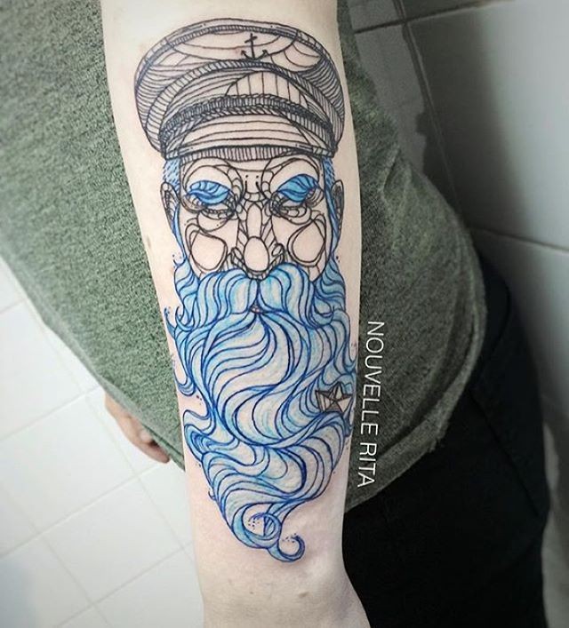 Sketch style colored arm tattoo of old sailor with blue beard