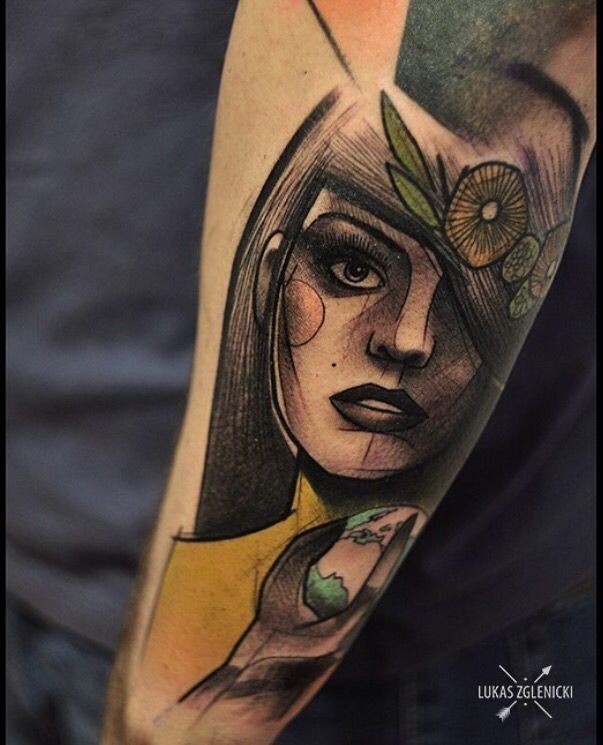 Sketch style colored arm tattoo of woman with big flower