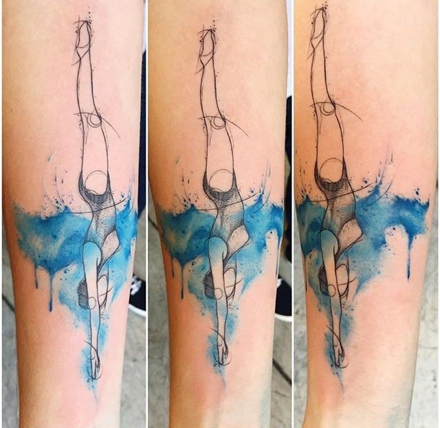 Sketch style colored arm tattoo of woman diver