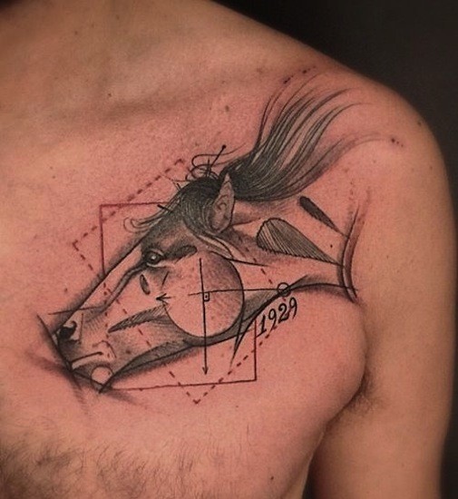 Sketch style colored chest tattoo of horse head with numbers