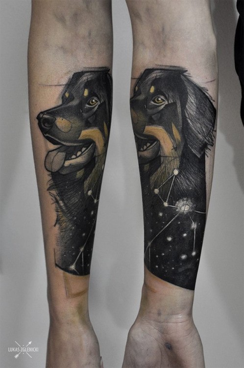 Sketch style colored forearm tattoo of cute dog with stars