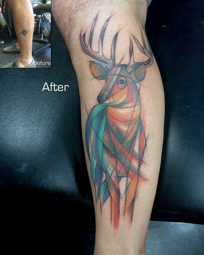 Sketch style colored leg tattoo of deer