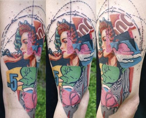 Sketch style colored leg tattoo of woman with number