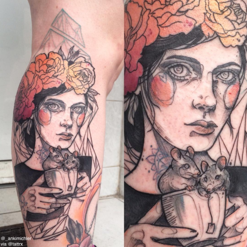 Sketch style colored leg tattoo of woman face with cup full of mouse and flowers