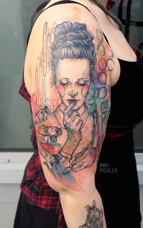 Sketch style colored shoulder tattoo of sweet woman with paints and brushes