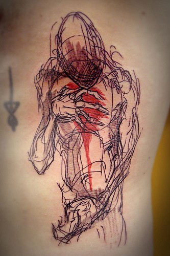 Sketch style colored side tattoo of monster figure