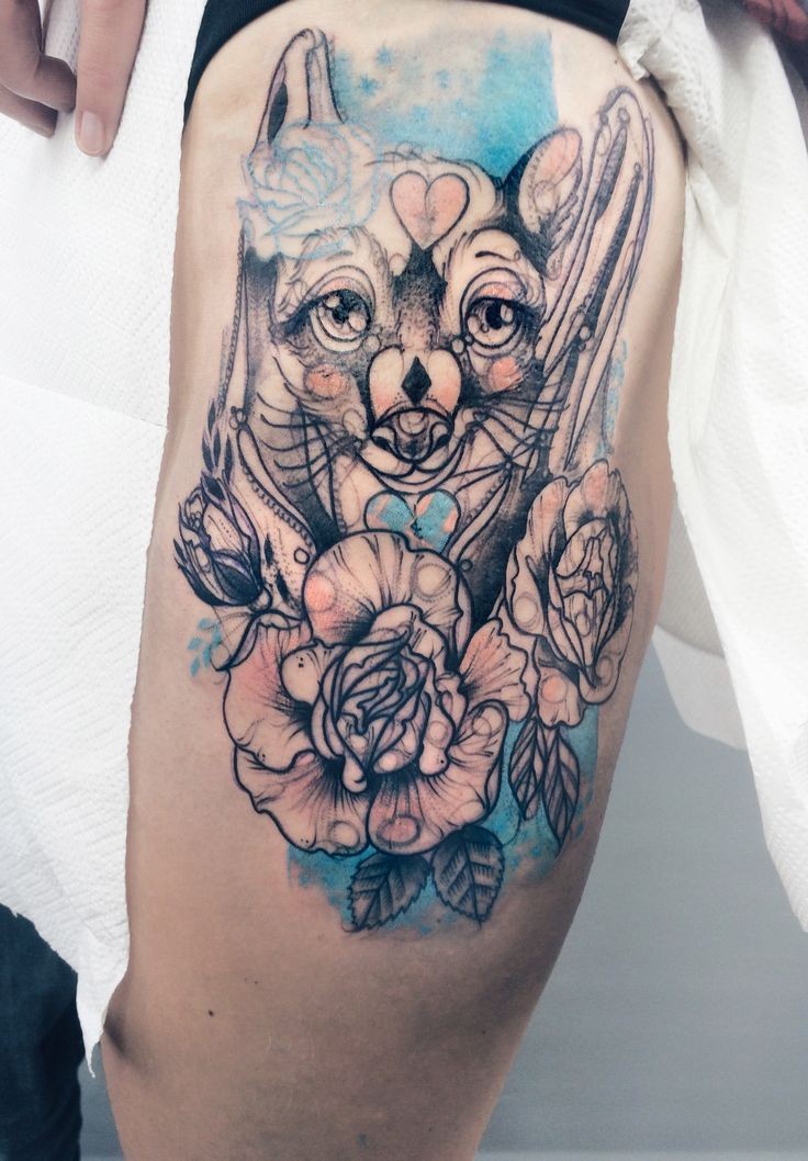 Sketch style colored thigh tattoo of beautiful fox with roses