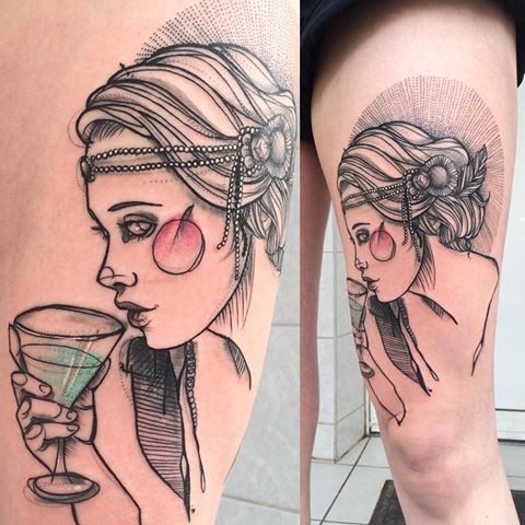 Sketch style colored thigh tattoo of drinking woman