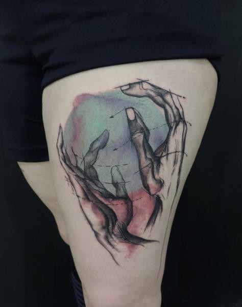 Sketch style colored thigh tattoo of human hands with arrows