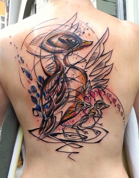 Sketch style colored whole back tattoo of cute birds family