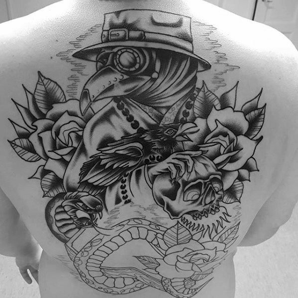 Sketch style large whole back tattoo of plague doctor with rose and snake