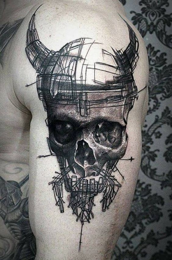 Sketch style unfinished upper arm tattoo of human skull with horns