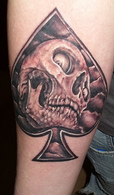 Tatuaje en la pierna, cráneo dibujado en pica