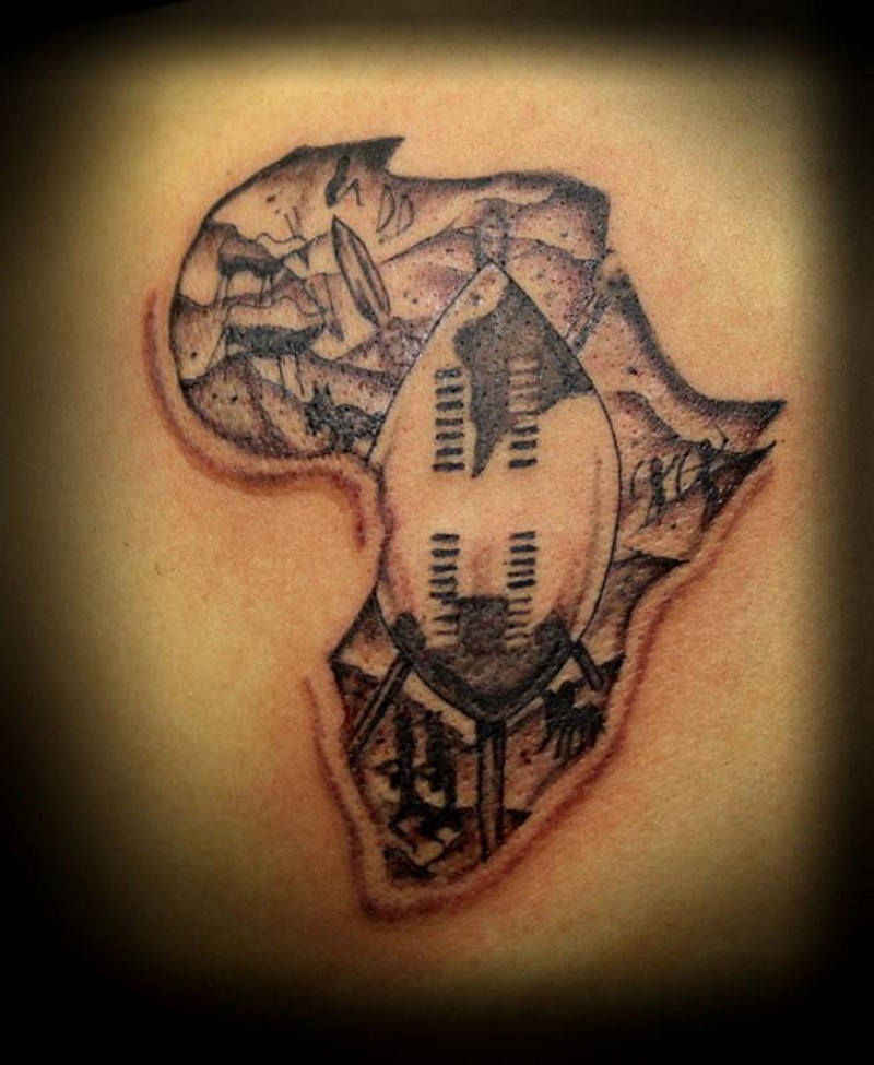 Small black ink Africa continent tattoo stylized with tribal paintings