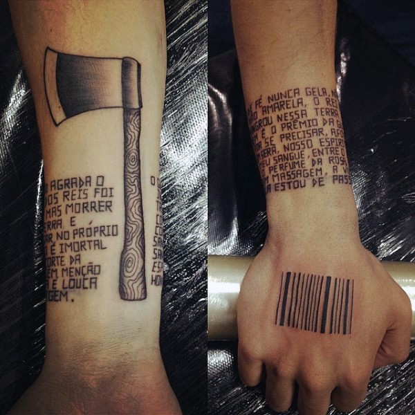 Small black ink arm tattoo of lettering with axe and barcode