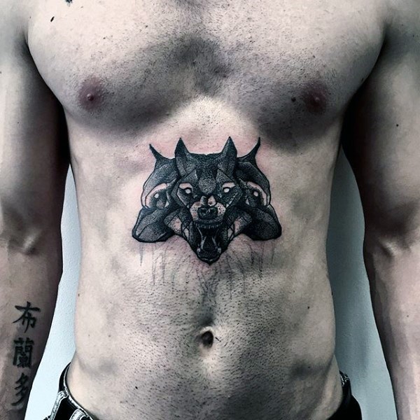 Small black ink belly tattoo of Cerberus dog