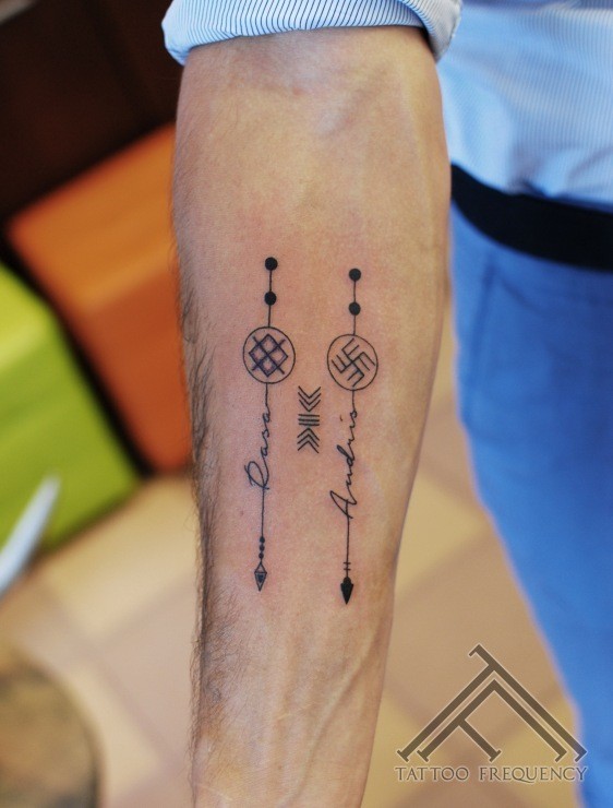 Small black ink forearm tattoo of arrows with lettering and symbols
