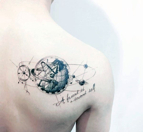Small black ink scapular tattoo of various planets and lettering
