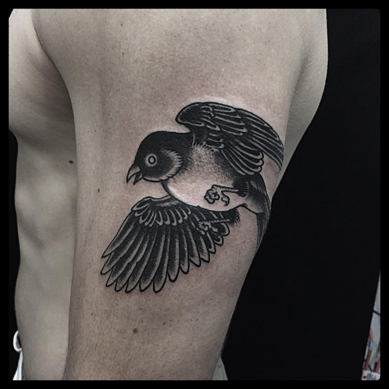 Small black ink shoulder tattoo of big bird