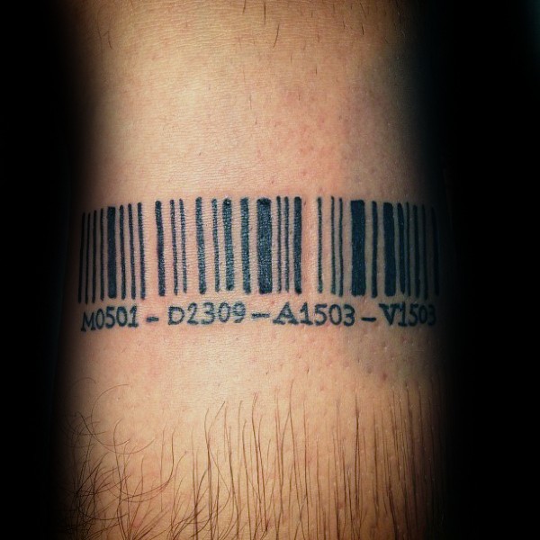 Small black ink tattoo of barcode with lettering