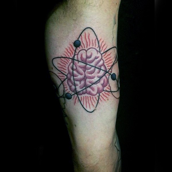 Small colored biceps tattoo of human brain with atom