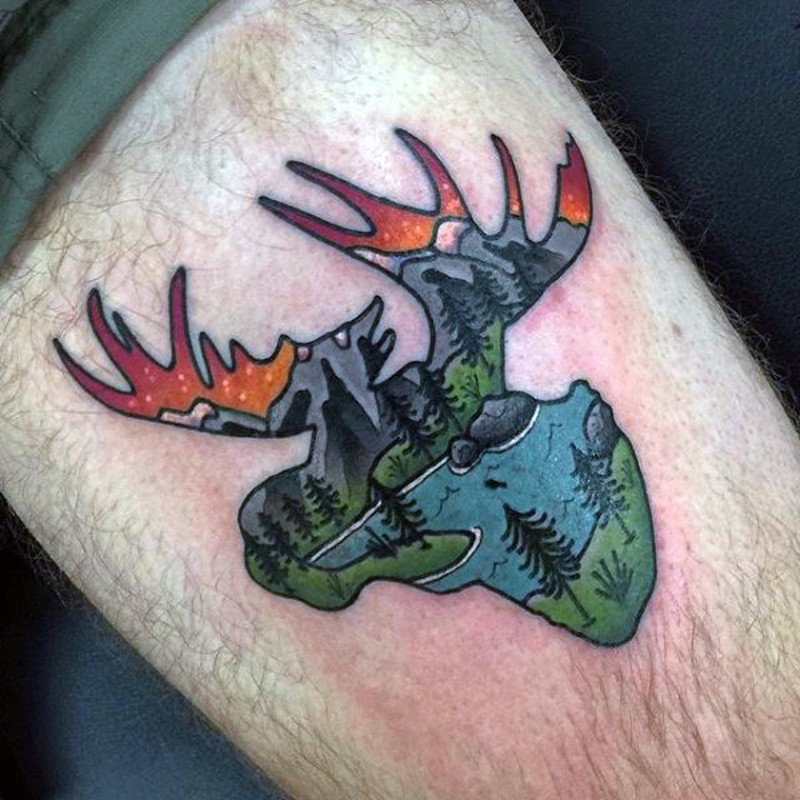 Small elk shaped colored tattoo stylized with mountain river
