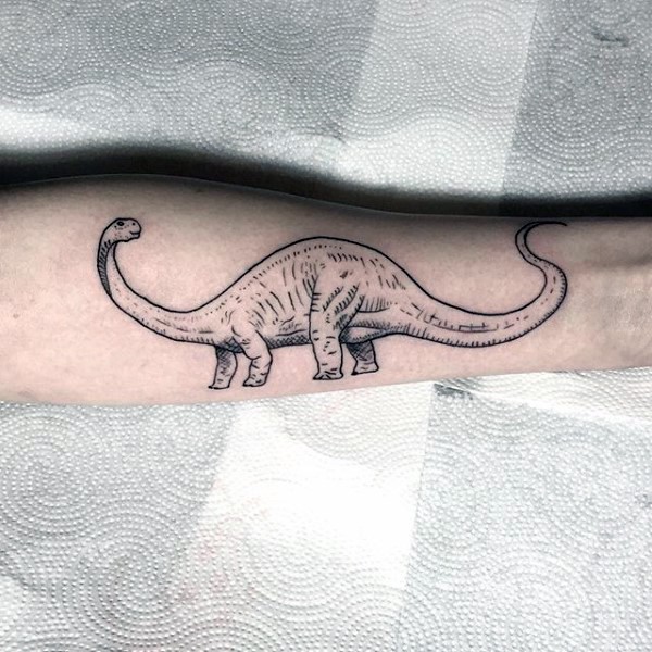 Small engraving style black ink leg tattoo of dinosaur