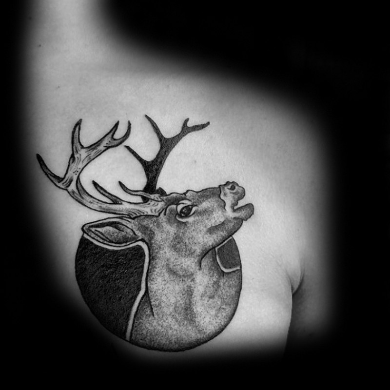 Small engraving style chest tattoo of little deer in black circle