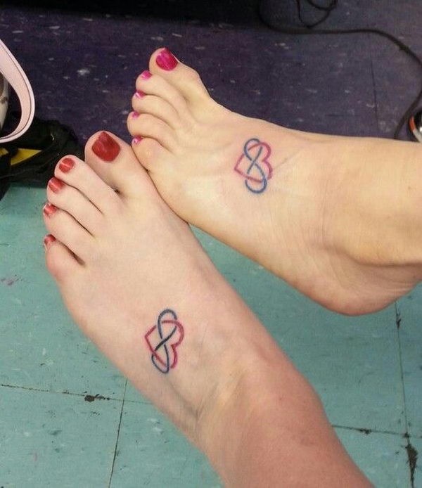 Small friendship tattoos of heart on feet