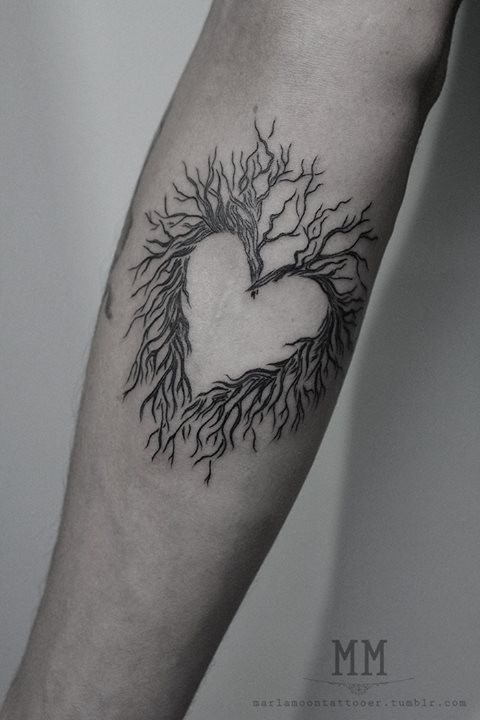 Small heart shaped arm tattoo of tree branches