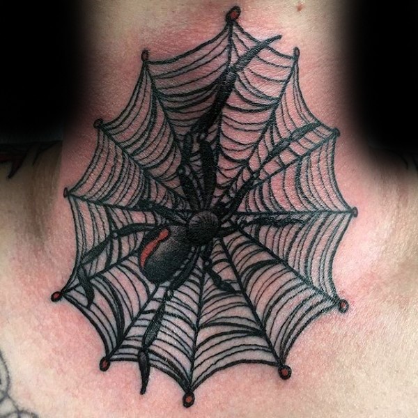 Small illustrative style colored neck tattoo of spider with web