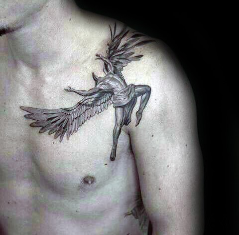 Small lifelike detailed shoulder tattoo of flying Icarus