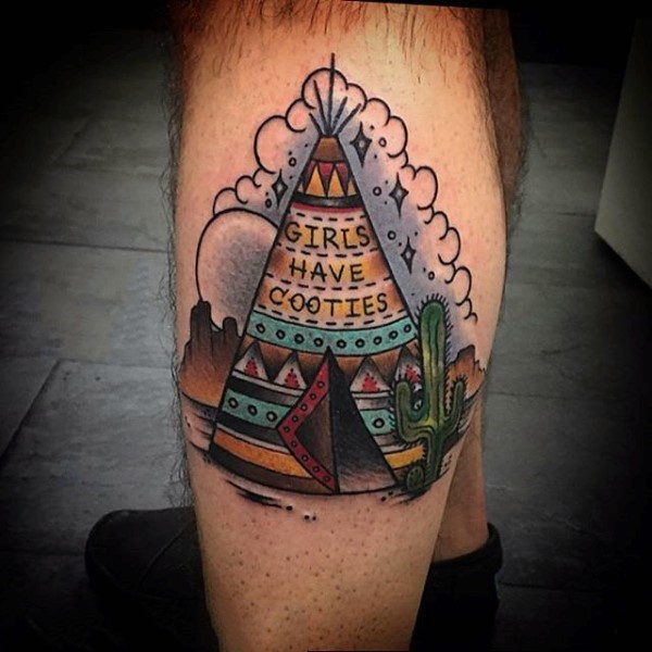 Small old school style colored Indian house with lettering tattoo on leg with cactus