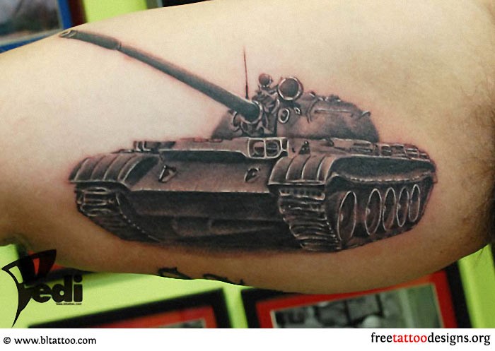 Small realistic looking biceps tattoo of cool looking tank