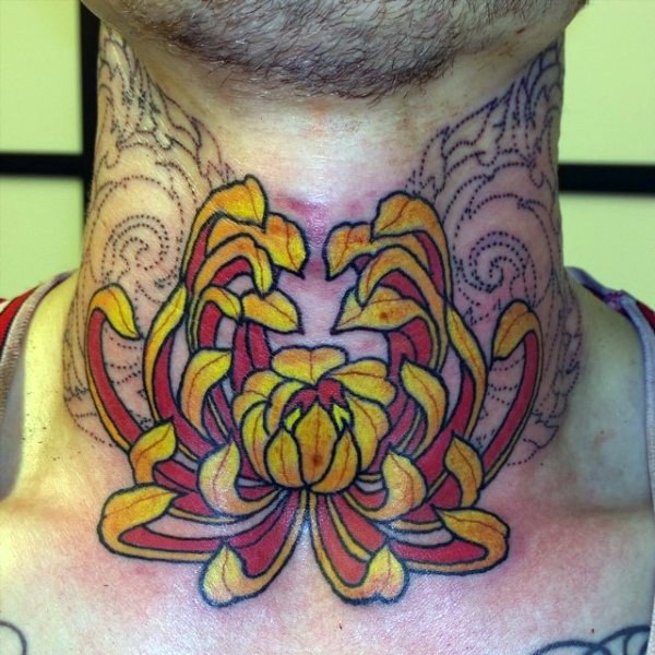 Small unfinished half colored chrysanthemum flower tattoo on neck