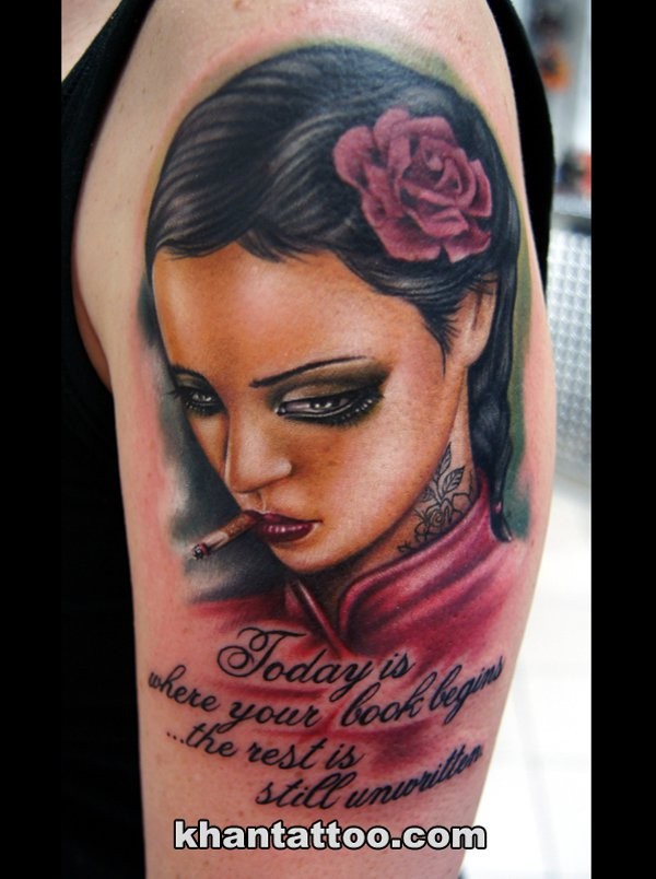 Smoking pretty tattooed lady colored realistic tattoo on shoulder with wise lettering from song