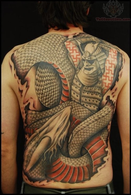Snake with head of samurai tattoo on back