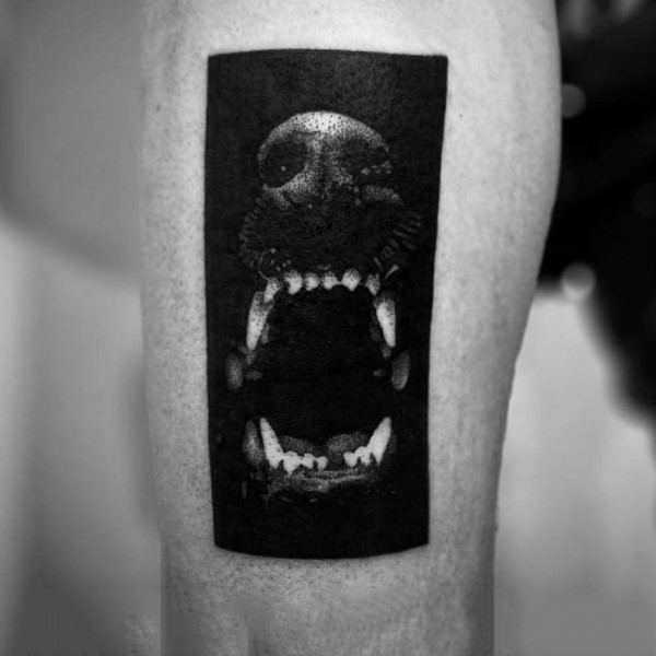 Spectacular 3D style small black and white forearm tattoo of dog face