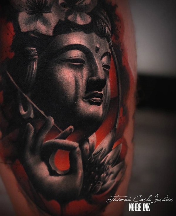 Spectacular amazing colored thigh tattoo of Buddha statue